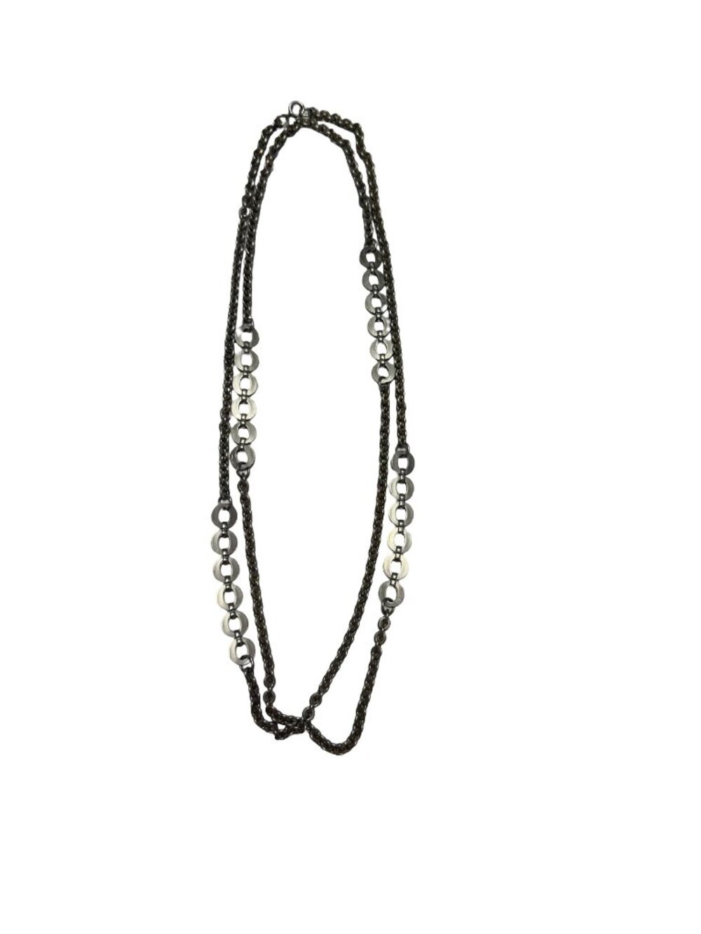 Vintage 1970s 1980s 56 Inch Gunmetal Silver Tone Mixed Link Station Necklace